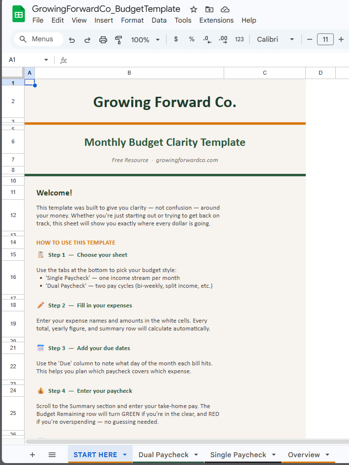 Monthly Budget Spreadsheet Start Here tab